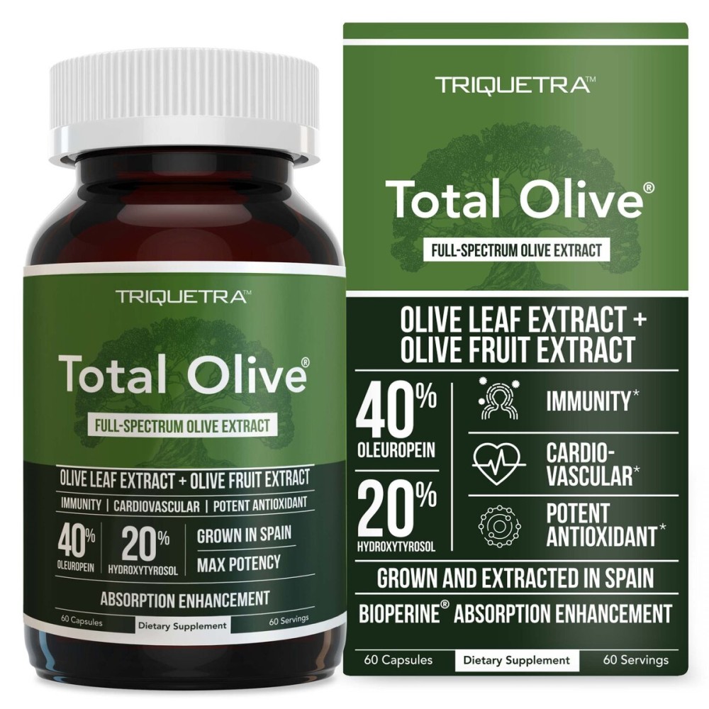 Total Olive - Olive Leaf Extract (40% Oleuropein) Plus Olive Fruit Extract (20% Hydroxytyrosol) - Full Spectrum Extract Grown & Extracted in Spain - BioPerine Absorption Enhancement (60 Count)