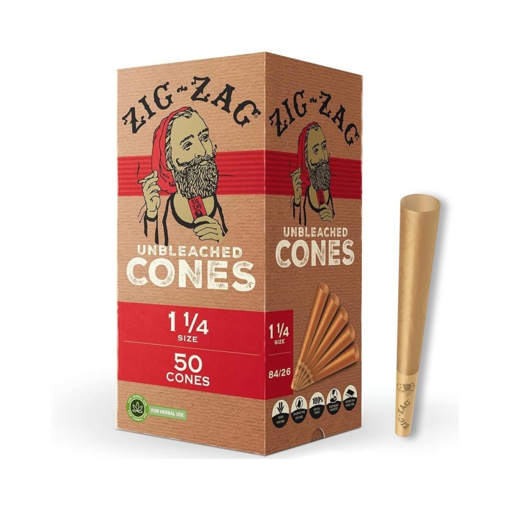 ZIG-ZAG Pre Rolled Cones 1 1/4 Size (50 Pack) Unbleached - Slow Burning Pre Rolled Cones with Tips & Packing Tubes Included - Bulk Pack