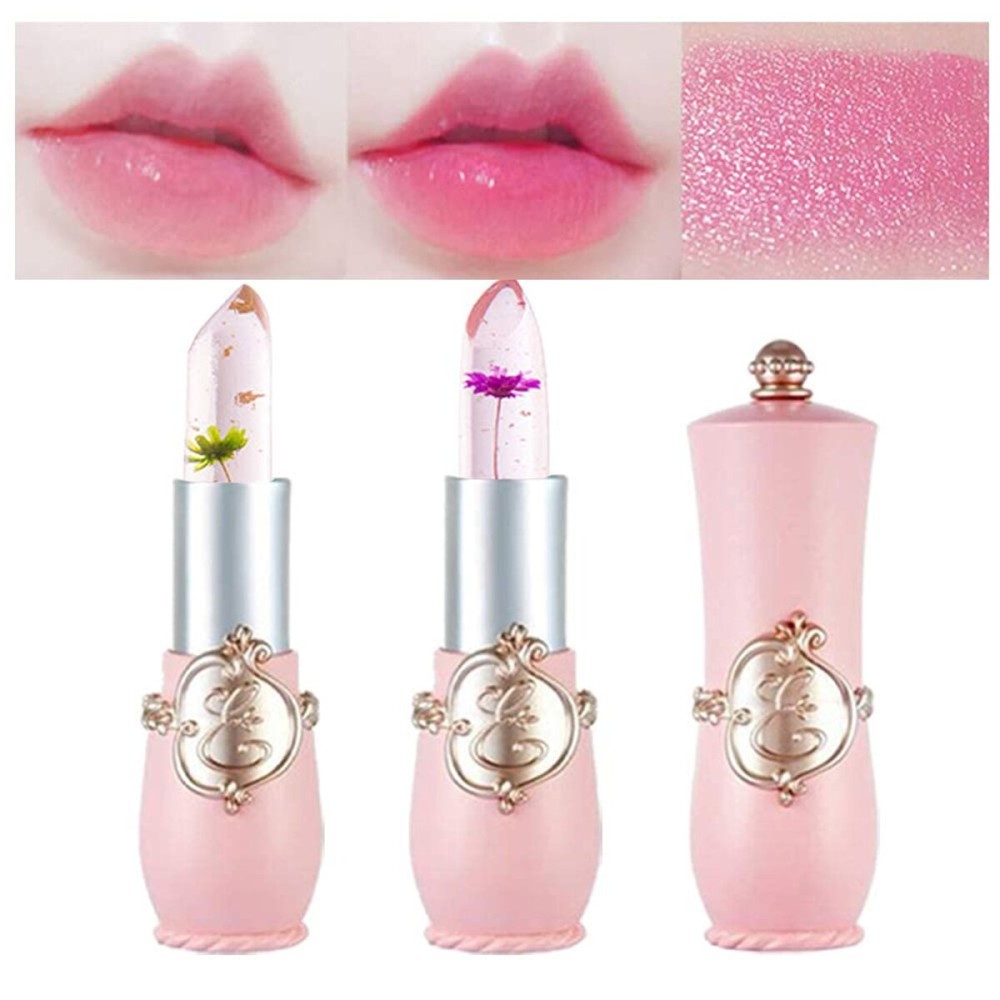 BINGBRUSH 2Pcs Ph Lipstick Color Changing,Pink Crystal Jelly Flower Clear Mood Long Lasting Labiales Lip Care Moisturizer Lip Balm Korean Magic Lip Gloss 24 Hours Lip Tinted Stain Makeup Set for Women