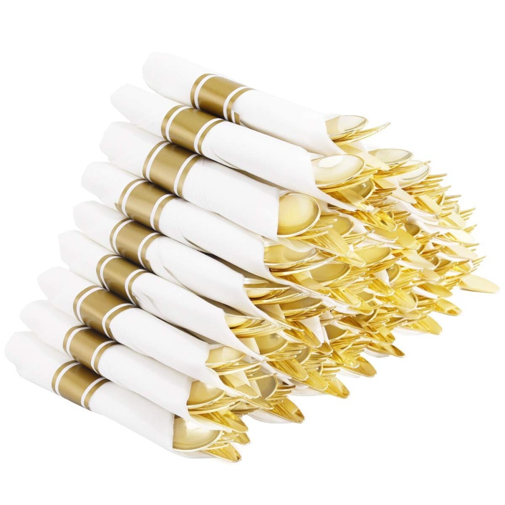 Supernal 60 Pack Pre Rolled Napkins with Gold Plastic Silverware, Premium Disposable Gold Wrapped Cutlery Set Includes: 60 Forks 60 Knives 60 Spoons 60 Napkin for Party