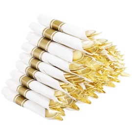 Supernal 60 Pack Pre Rolled Napkins with Gold Plastic Silverware, Premium Disposable Gold Wrapped Cutlery Set Includes: 60 Forks 60 Knives 60 Spoons 60 Napkin for Party