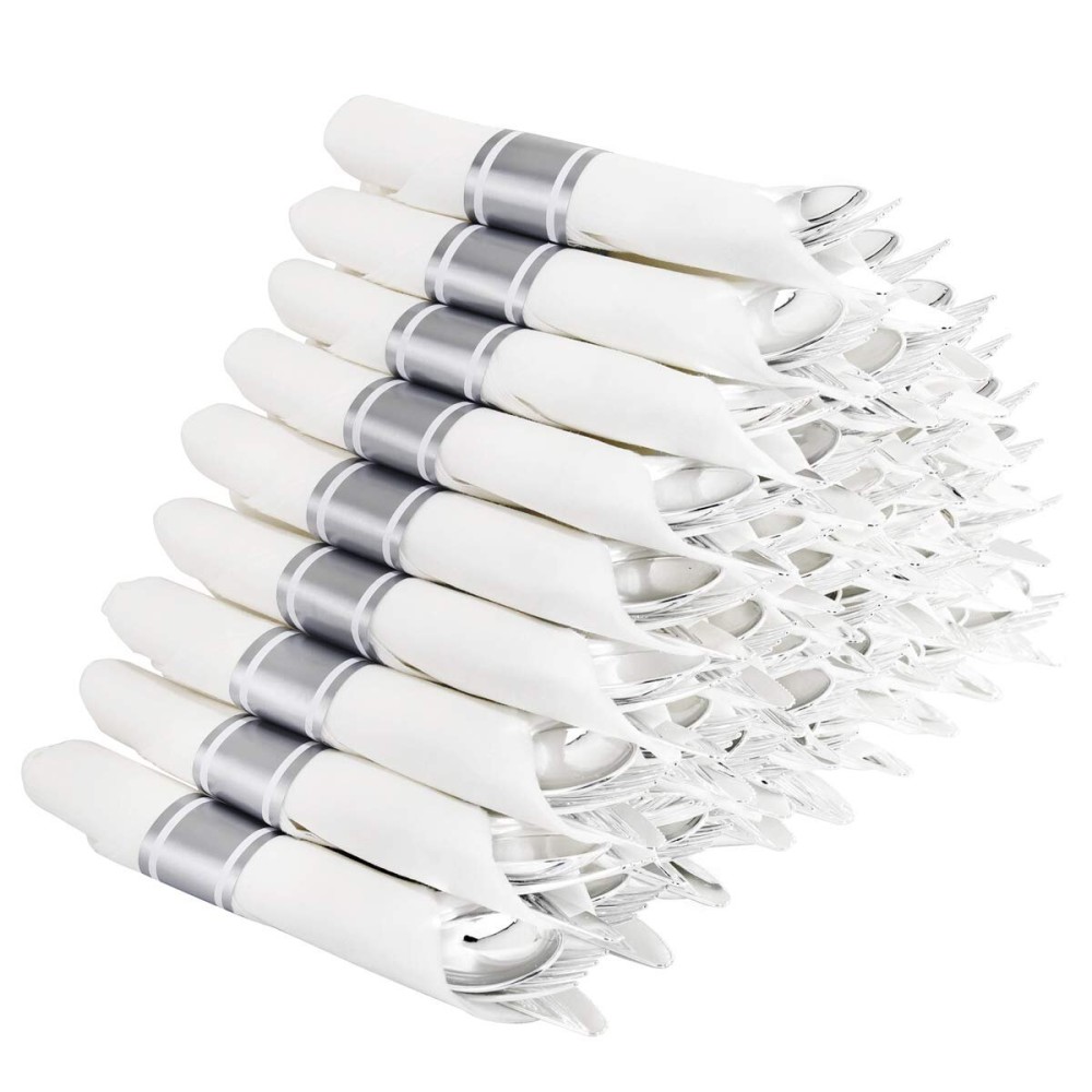 Supernal 60 Pack Silver Plastic Silverware,Pre Rolled Silverware,Premium Disposable Silver Cutlery,Suit for Wedding,Catering Event,Birthday,Party