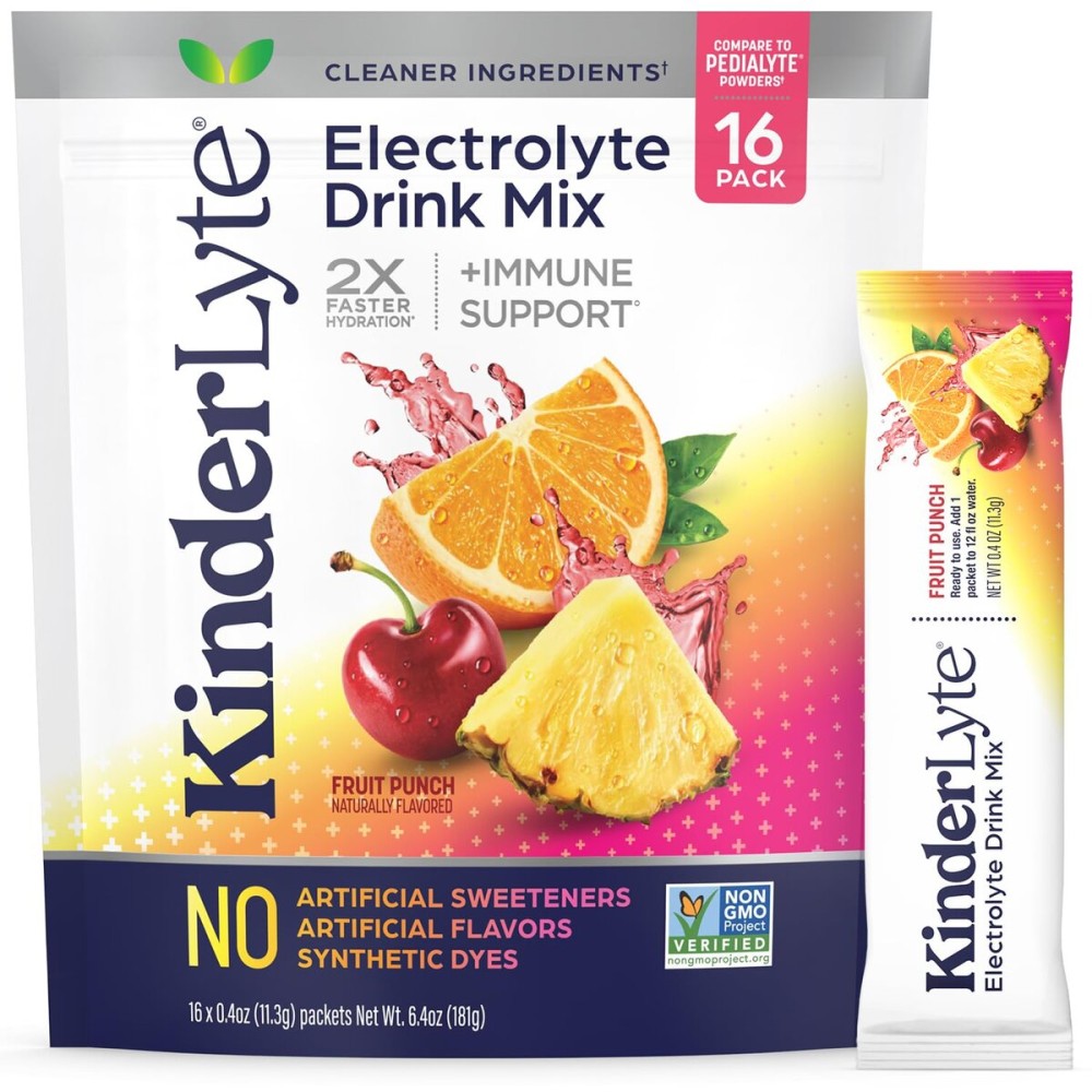 Kinderlyte Electrolyte Powder for Kids and Adults - Drink Mix Hydration Packets (Fruit Punch, 16 Count), No Artificial Sweeteners or Flavors, No Synthetic Dyes, Vegan, Non-GMO, Gluten-Free