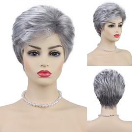 Short Grey Silver Wigs for White Women Natural Layered Pixie Cut Wigs with Bangs Synthetic Short Gray Hair Wig for Older Women