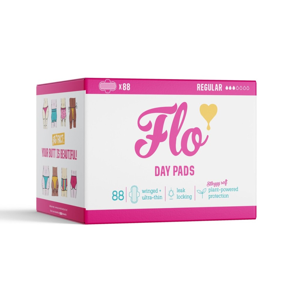 Flo - Day Menstrual Pads (88 Pack) - Regular Flow - Leak Locking - Winged + Ultra-Thin - Natural, Absorbent, Soft, & Breathable - Bamboo Period Pads for Women - Plant Based - Vegan & Cruelty Free