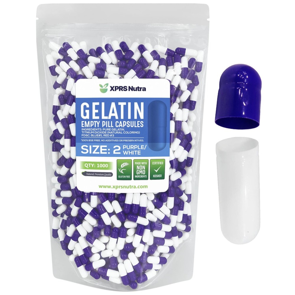 XPRS Nutra Size 2 Empty Capsules - 1000 Count Empty Gelatin Capsules - Pills DIY Capsule Filling - Pure Bovine Pill Gel Caps for Do-It-Yourself Supplements (Purple/White)