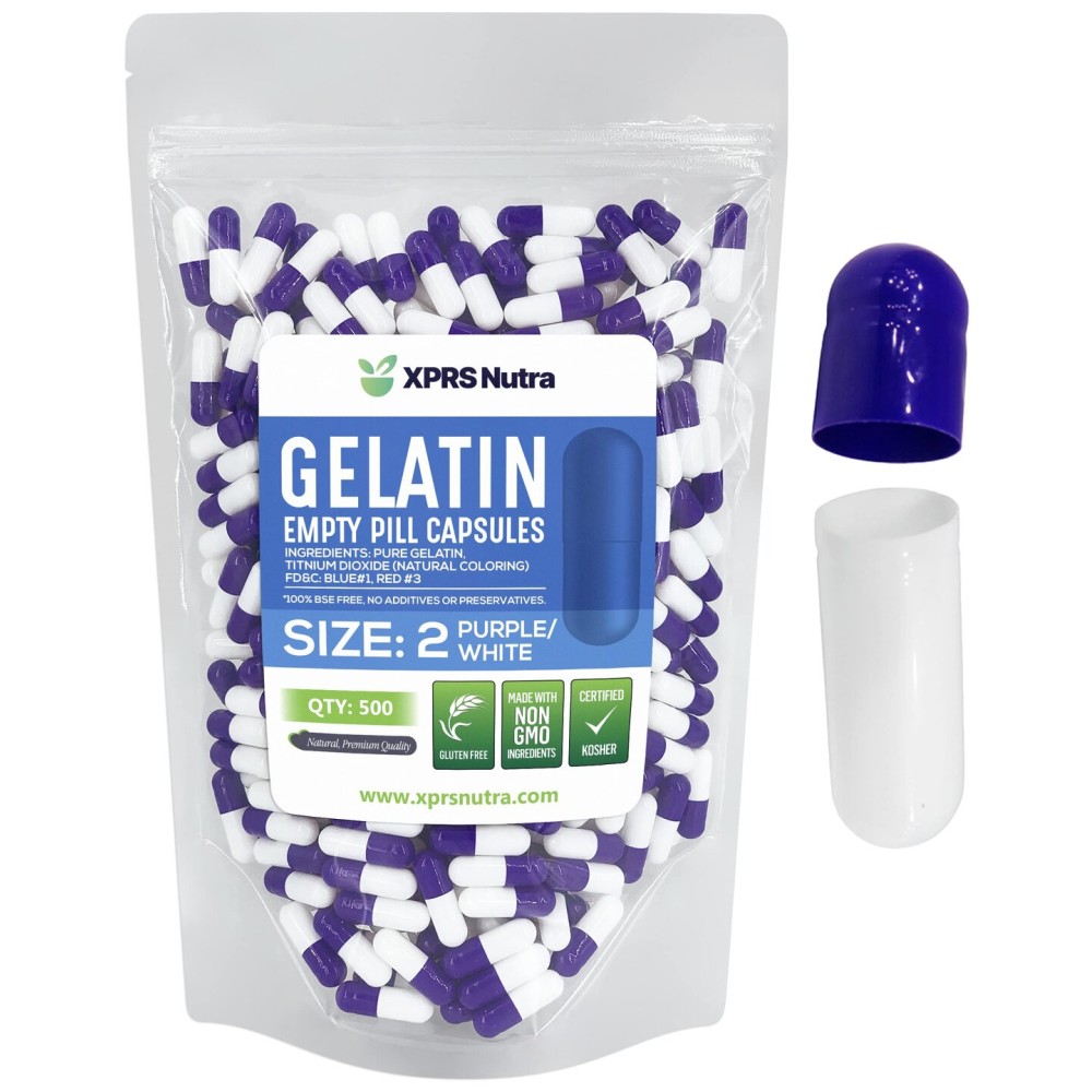 XPRS Nutra Size 2 Empty Capsules - 500 Count Empty Gelatin Capsules - Pills DIY Capsule Filling - Pure Bovine Pill Gel Caps for Do-It-Yourself Supplements (Purple/White)