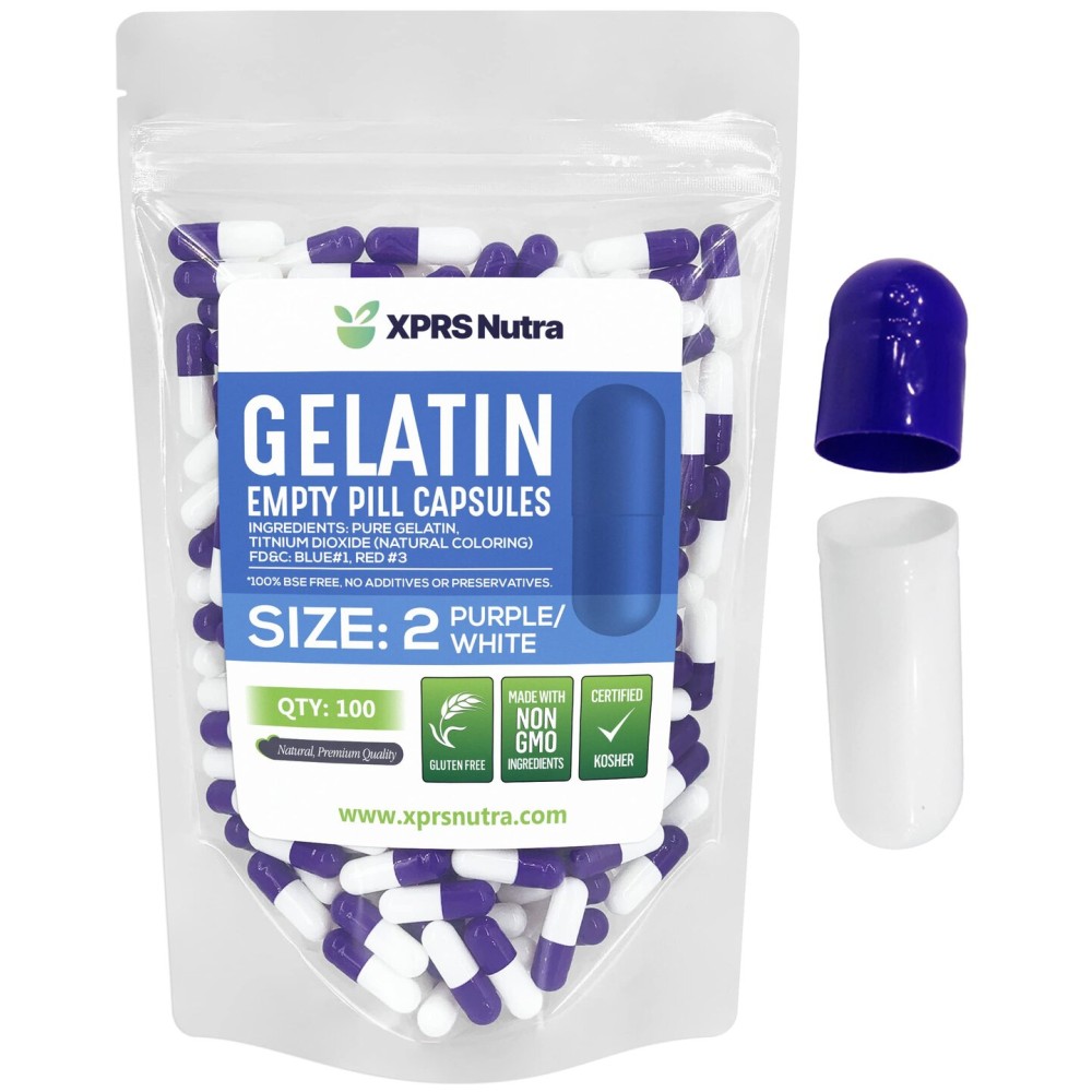 XPRS Nutra Size 2 Empty Capsules - 100 Count Empty Gelatin Capsules - Pills DIY Capsule Filling - Pure Bovine Pill Gel Caps for Do-It-Yourself Supplements (Purple/White)