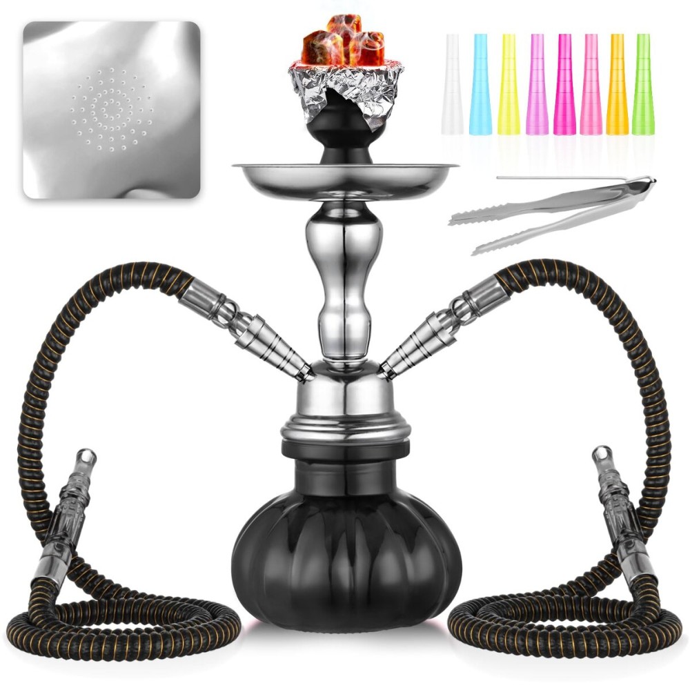 2 Hose Hookah Set 11\'\' Small Shisha Hookah Set With Mini Pumpkin Glass Vase, Ceramic Bowl, Leather Hose, Coal Tong, Hookah Foil, Disposable Tips (Black)