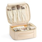 Vlando Travel Makeup Bag, Makeup Bag Organizer,Gift Ideas for Women Girls,Makeup Storgae Bag with Dividers and Handle,Gifts for Christmas,Birthday,Wedding Beige