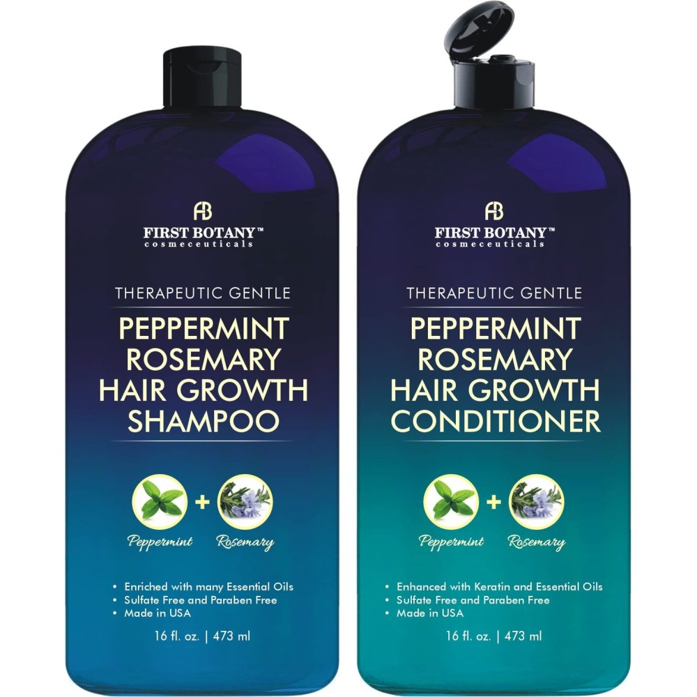 First Botany, Peppermint Rosemary Hair Regrowth and Anti Hair Loss Shampoo and Conditioner Set - Daily Hydrating, Detoxifying, Volumizing Shampoo and Fights Dandruff For Men and Women 16 fl oz x 2