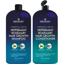First Botany, Peppermint Rosemary Hair Regrowth and Anti Hair Loss Shampoo and Conditioner Set - Daily Hydrating, Detoxifying, Volumizing Shampoo and Fights Dandruff For Men and Women 16 fl oz x 2