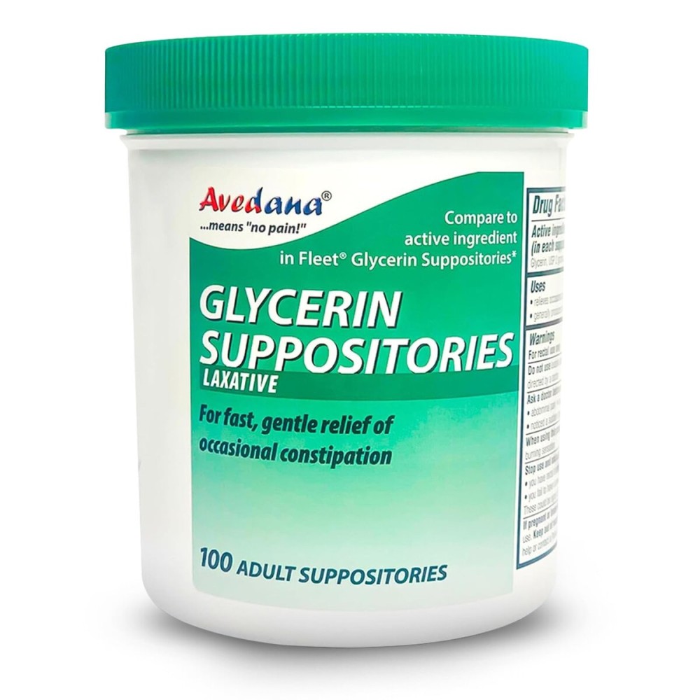 AVEDANA USP 2g Glycerin Laxatives Suppository - 100 Adult Size Laxative Suppositories for Men and Women - Fast and Gentle Relief Suppositories for Constipation - Comfortable Shape Adult Suppository