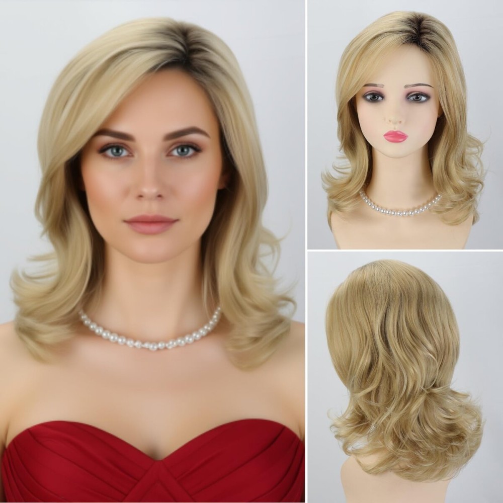 RENERSHOW Medium Blonde Curly Wigs for White Women Ombre Blonde Wavy Synthetic Wig with Dark Roots Side Part Wavy Hair Repalcement Wig
