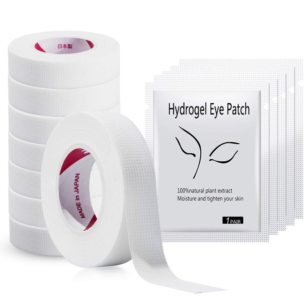 JASSINS 8 Rolls Eyelash Tape, Adhesive Fabric Eyelash Tapes, Adhesive Breathable Micropore Fabric Tape for Eyelash Extension Supply,9 m/10 Yard Each Roll (8 Rolls of White + 5 Eye Stickers)