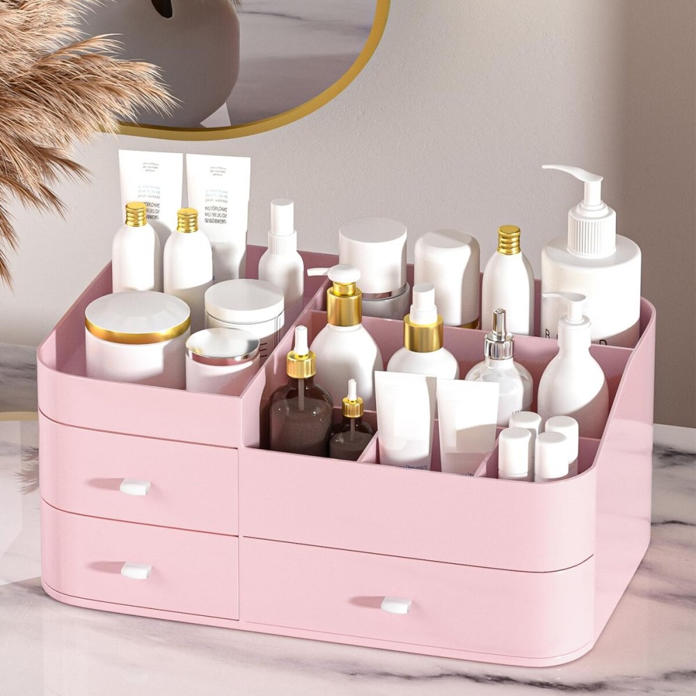 MIUOPUR Makeup Organizer for Vanity, Large Capacity Desk Organizer with Drawers for Cosmetics, Lipsticks, Jewelry, Nail Care, Skincare, Ideal for Bedroom and Bathroom Countertops - Large Pink