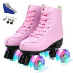 YYW Roller Skates for Women Men, High Top PU Leather Classic Double-Row Roller Skates, Indoor Outdoor Roller Skates for Beginner a Shoes Bag (Pink Flash, 37)