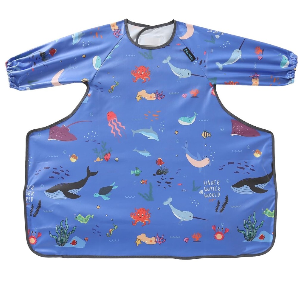 PewinGo Weaning Bib & BLW Attaches and Fully Cover to Baby Highchair, Long Sleeves Bib with Waterproof, Comfortable,Machine Washable, Suitable for Baby Infant -Blue