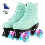 jessie PU Leather Roller Skates, Women\'s & Men\'s Classic Double-row, Green Flash Wheel, ABEC-7 Bearing, Lace-Up, Suitable for Indoor & Outdoor, Ages 8-12