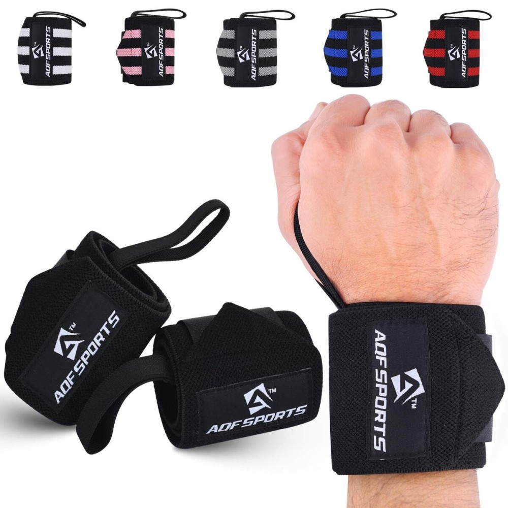 AQF Power Weight Lifting Wrist Wraps Supports with Thumb Loop for Gym Strength Training, Powerlifting, Bodybuilding and Deadlifts (Full Black, 18)