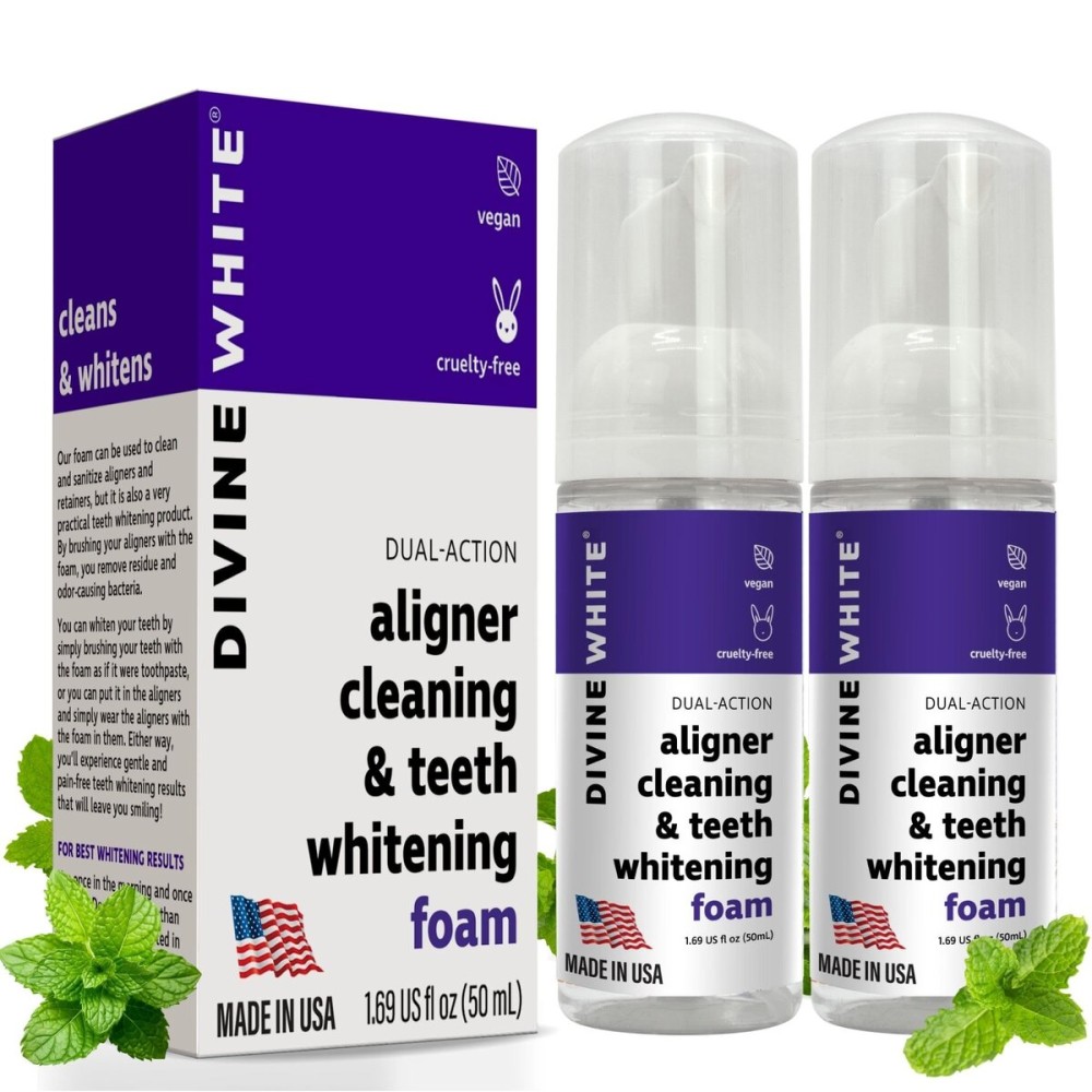 Divine White Dual-Action Stain Removal Aligner/Retainer Cleaner and Teeth Whitening Foam- Hydrogen Peroxide-Good for Invisalign, ClearCorrect, SmileDirectClub, Byte -Oral Care-Foam Toothpaste, 2-Pack