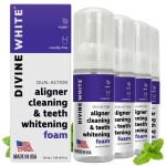 Divine White 2 in 1 Aligner Cleaning and Teeth Whitening Foam, Vegan Formula Invisalign, Hawley Trays, Aligners, Retainer Cleaner Foam, Menthol Freshness Tooth Whitener Kit, Pack of 4
