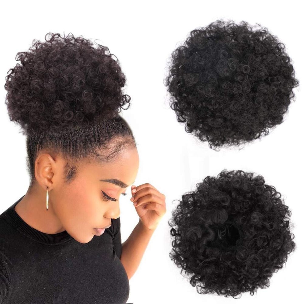 Yinmei Baibian Afro Puff Drawstring Ponytail Kinky Curly Bun Hair Synthetic Short Extensions Hairpieces Updo Hair for Black Women (1B)