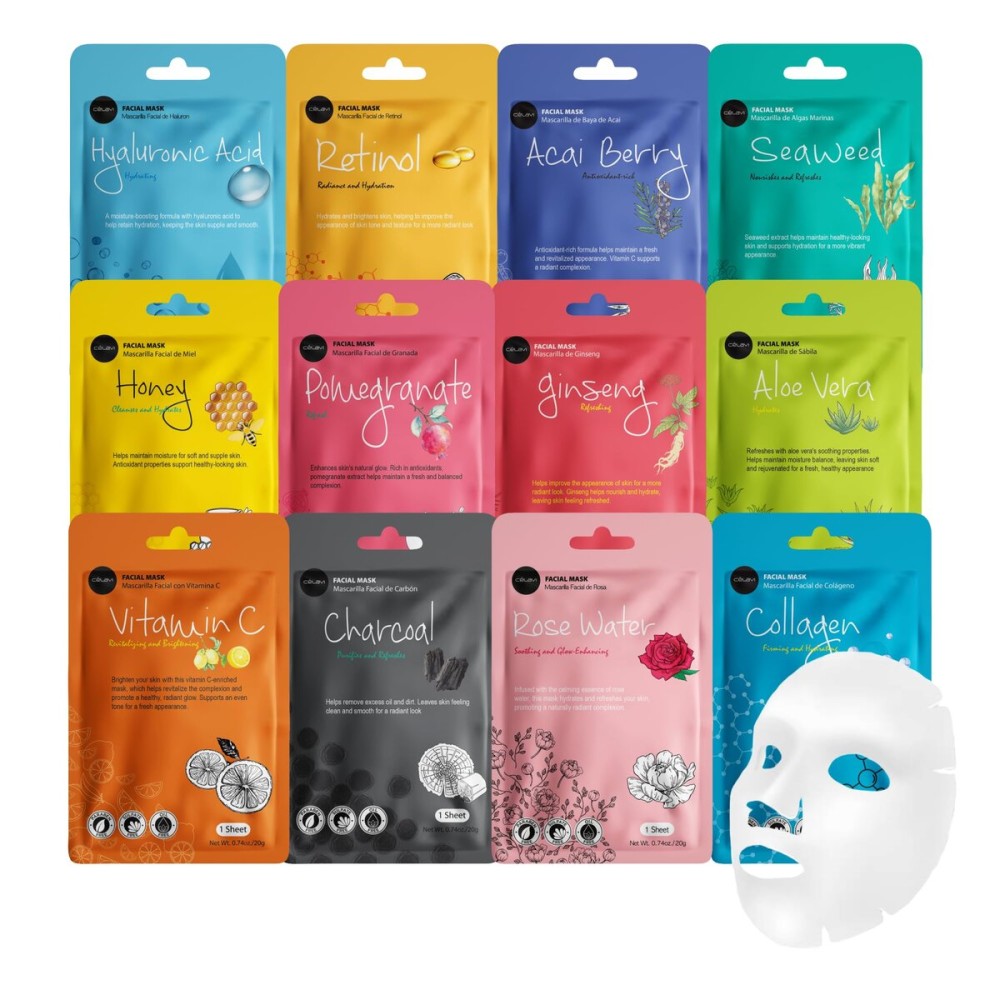 celavi Face Mask Set Korean Beauty Essence Facial Paper Sheet Mask Korea Skin Care Moisturizing 4 Packs of each 12 New flavors K-Beauty Skincare 48 masks in a pack Made in Korea
