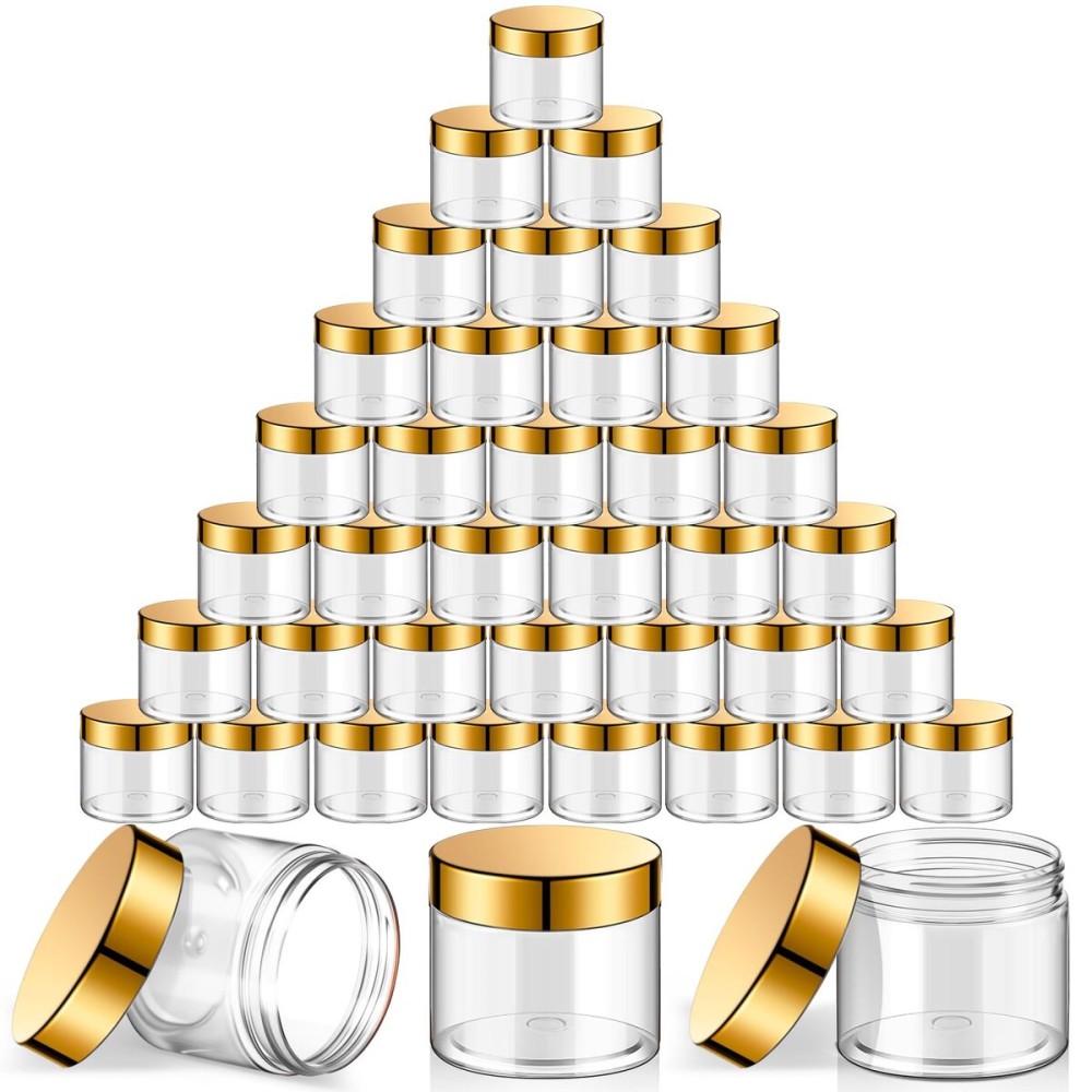 SATINIOR 36 Pieces 2 oz Plastic Jars with Lids Wide Mouth Airtight Reusable Container Acrylic Cosmetic Small Jars for Lotions Ointments Travel Toiletries Creams Make up Storage(Gold)