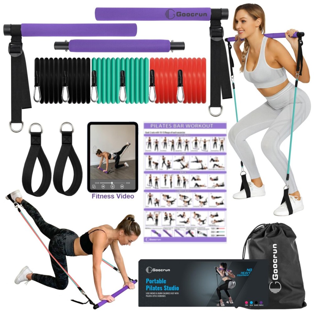 Goocrun Portable Pilates Bar Kit with Resistance Bands for Men and Women - Home Gym, Workout Kit for Body Toning - with Fitness Poster and Video