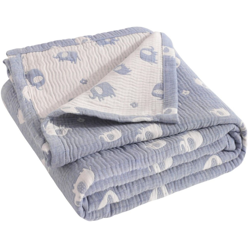 NTBAY 3 Layer Muslin Cotton Toddler Blanket, Jacquard Reversible Nursery Bed Blanket, Super Soft and Thermal for All Seasons, Decoration Gift, 30x40, Blue Elephant