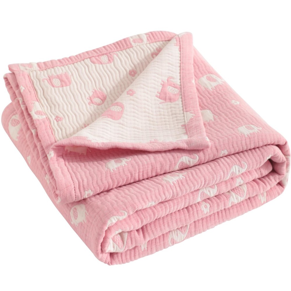 NTBAY 3 Layer Muslin Cotton Toddler Blanket, Jacquard Reversible Nursery Bed Blanket, Super Soft and Thermal for All Seasons, Decoration Gift, 30x40, Pink Elephant