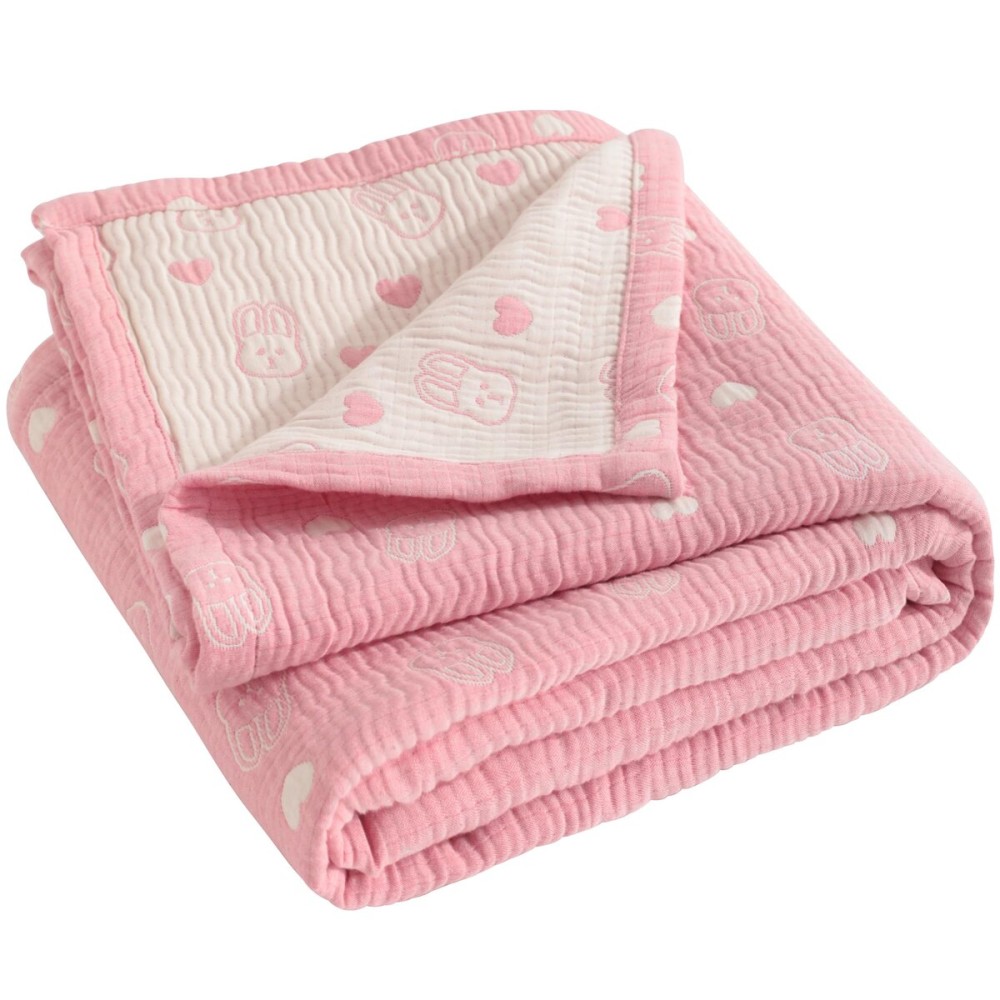 NTBAY 3 Layer Muslin Cotton Toddler Blanket, Jacquard Reversible Nursery Bed Blanket, Super Soft and Thermal for All Seasons, Decoration Gift, 30x40, Pink Rabbit