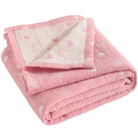 NTBAY 3 Layer Muslin Cotton Toddler Blanket, Jacquard Reversible Nursery Bed Blanket, Super Soft and Thermal for All Seasons, Decoration Gift, 30x40, Pink Rabbit
