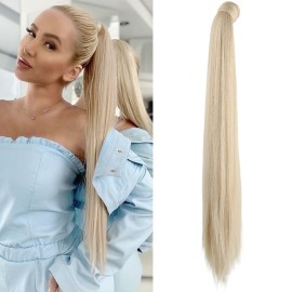 SEIKEA 28 Inch Clip in Ponytail Extension Wrap Around Long Straight Pony Tail Hair Synthetic Hairpiece for Women Color Cool Platinum Blonde