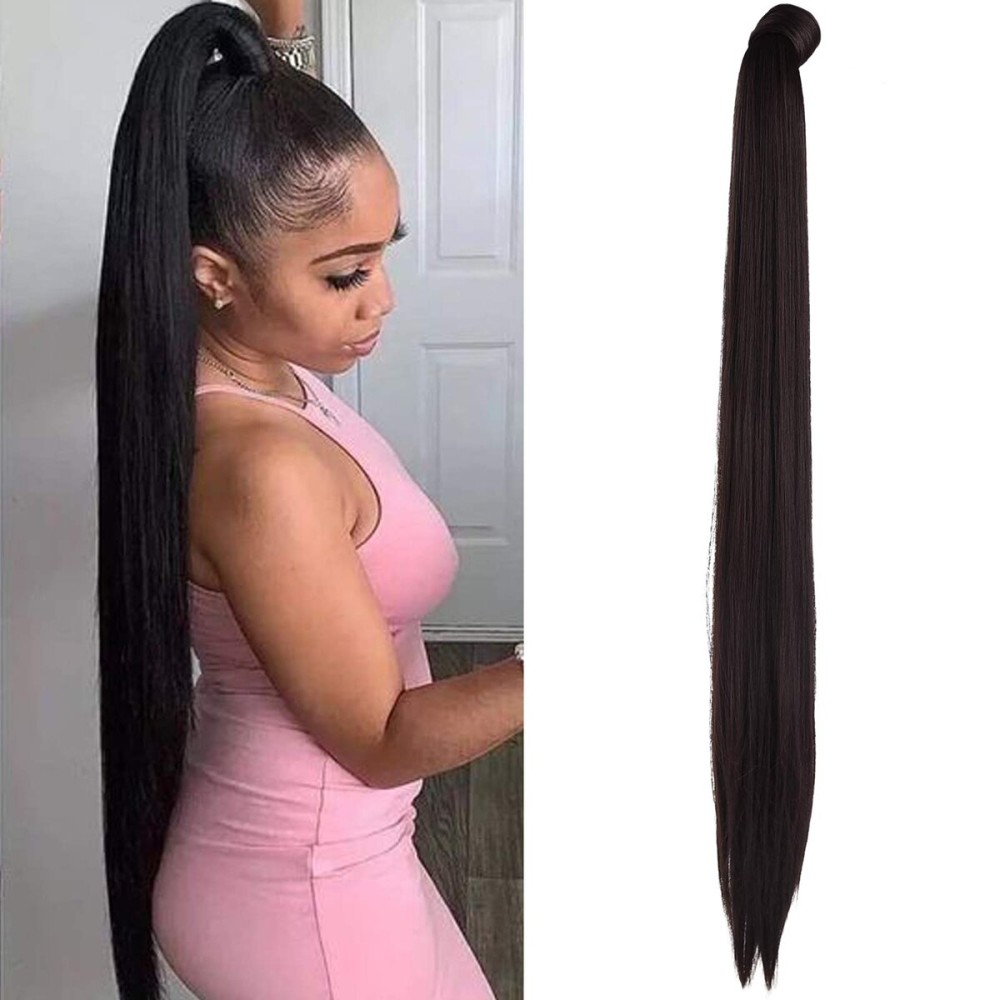 SEIKEA 35 Inch Clip in Ponytail Extension Wrap Around Long Straight Pony Tail Hair Synthetic Hairpiece for Women -Dark Brown