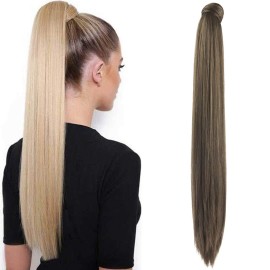 SEIKEA 28 Inch Clip in Ponytail Extension Wrap Around Long Straight Pony Tail Hair Synthetic Hairpiece for Women Color Medium Brown with Golden Brown Highlights