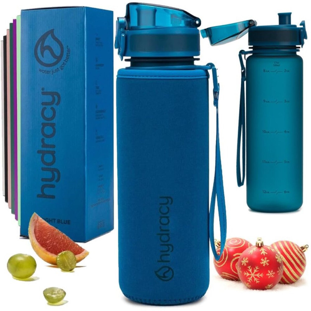 Hydracy Water Bottle with Time Marker - 500 ml 17 oz BPA Free Water Bottle -Leak Proof & No Sweat Gym Bottle with Fruit Infuser Strainer -Ideal for Fitness, Sports & Outdoors