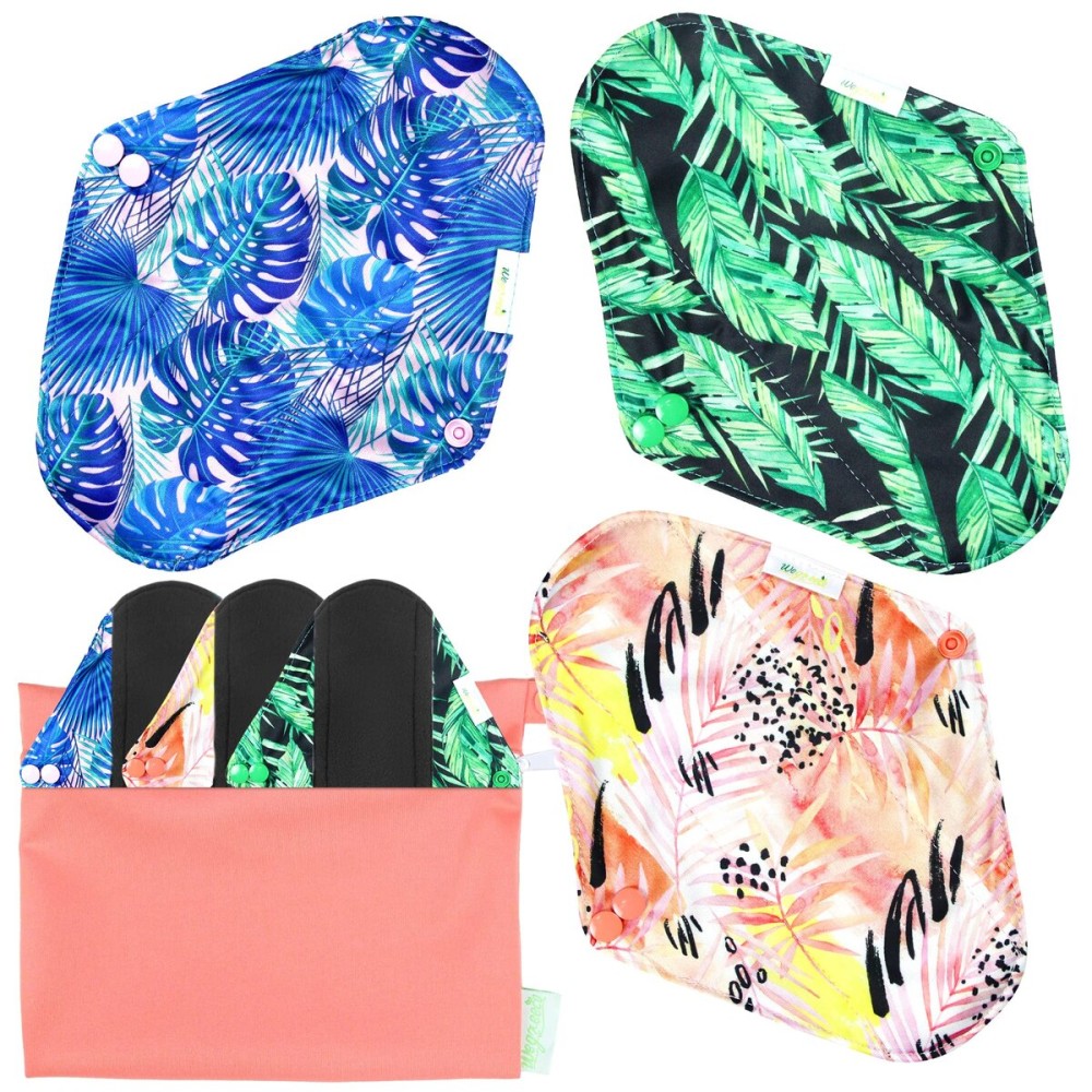wegreeco Reusable Menstrual Pads - Reusable Sanitary Pads | Reusable Panty Liners | Soft Cloth Menstrual Pads - 6 Pack with 1 Cloth Mini Wet Bag (Large, Leaves