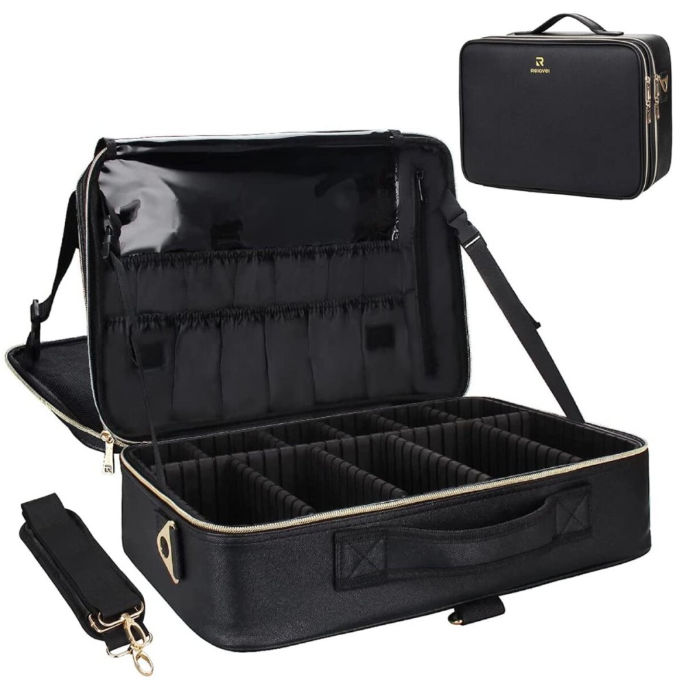 Relavel Makeup Case Large Makeup Bag Professional Train Case 16.5 inches Travel Cosmetic Organizer Brush Holder Waterproof Makeup Artist Storage Box, 3 Layer Large Capacity, with Adjustable Strap