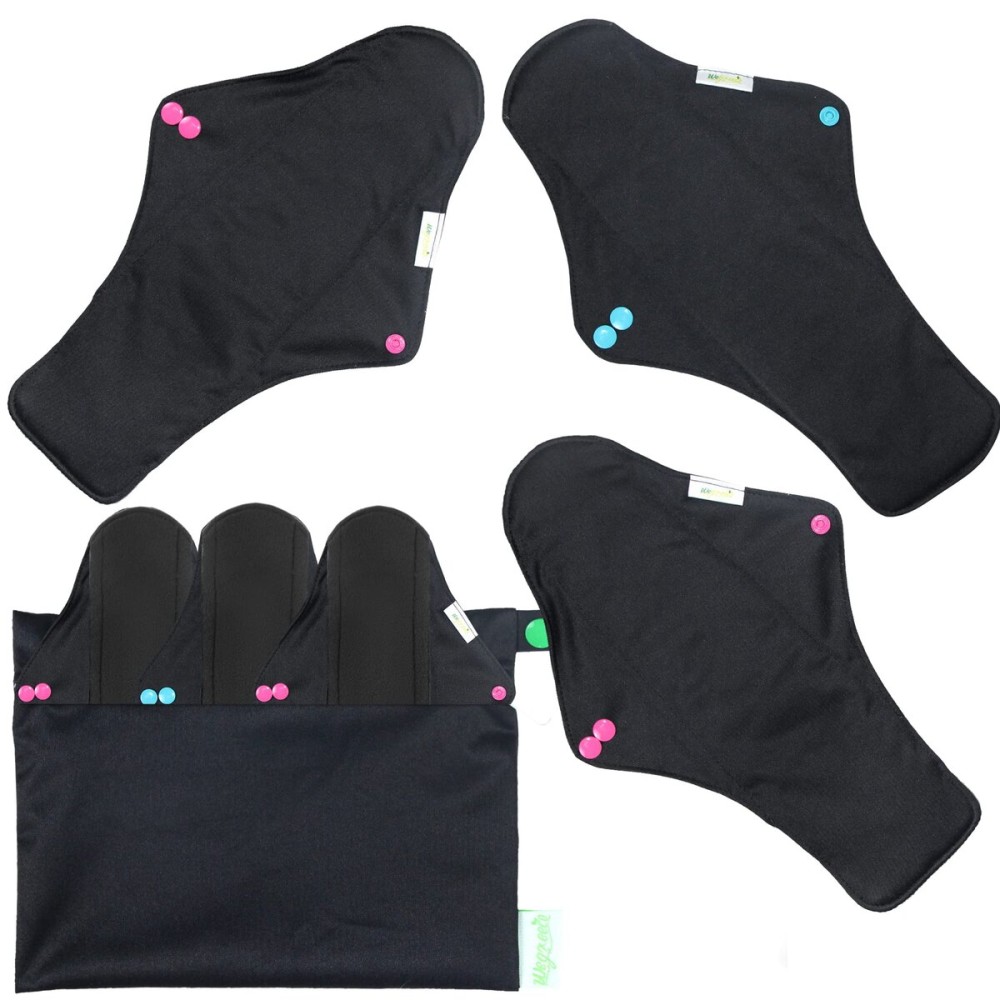 wegreeco Reusable Menstrual Pads - Reusable Sanitary Pads | Reusable Panty Liners | Soft Cloth Menstrual Pads - 6 Pack with 1 Cloth Mini Wet Bag (X-Large, Black)