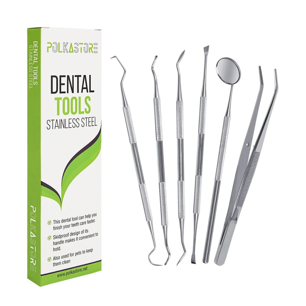 Dental Tools, 6-Pack Stainless Steel Teeth Cleaning Kit - Dental Scraper, Pick, Mouth Mirror, Tweezer for Dentist, Personal, Pets - Tartar & Plaque Removal