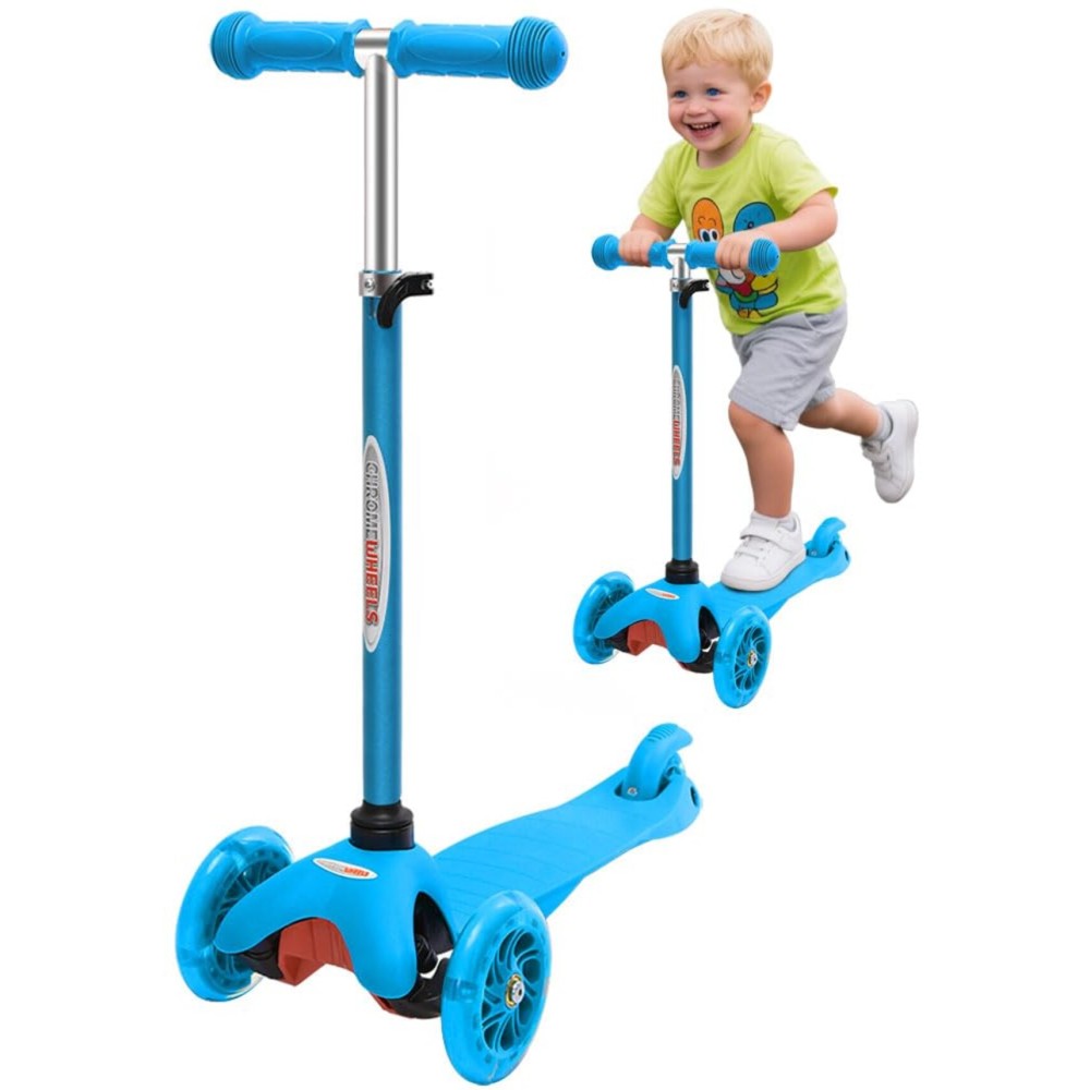 ChromeWheels Scooter for Kids, Deluxe 3 Wheel Scooter for Toddlers 4 Adjustable Height Glider with Kick Scooters, Lean to Steer with LED Flashing Light for Ages 3-6 Girls Boys, Light Blue
