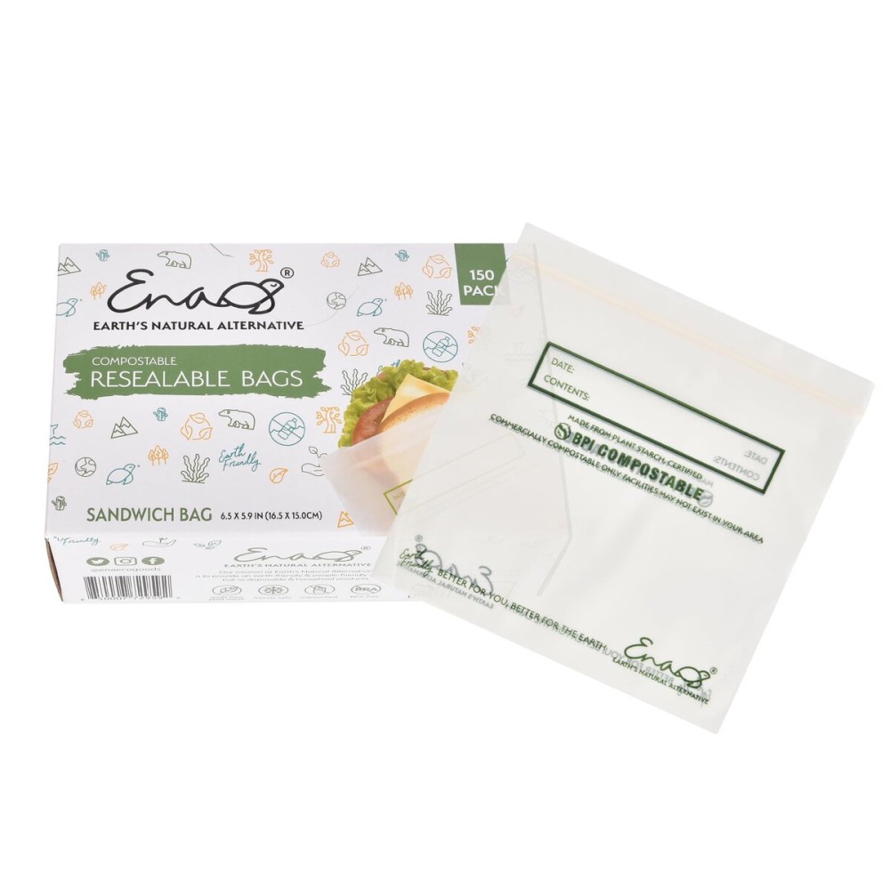 100% Compostable Food Storage Bags [Sandwich 150 Pack] Eco-Friendly Freezer Bags, Resealable Bags, Heavy-Duty, Reusable, by Earth\'s Natural Alternative, off white