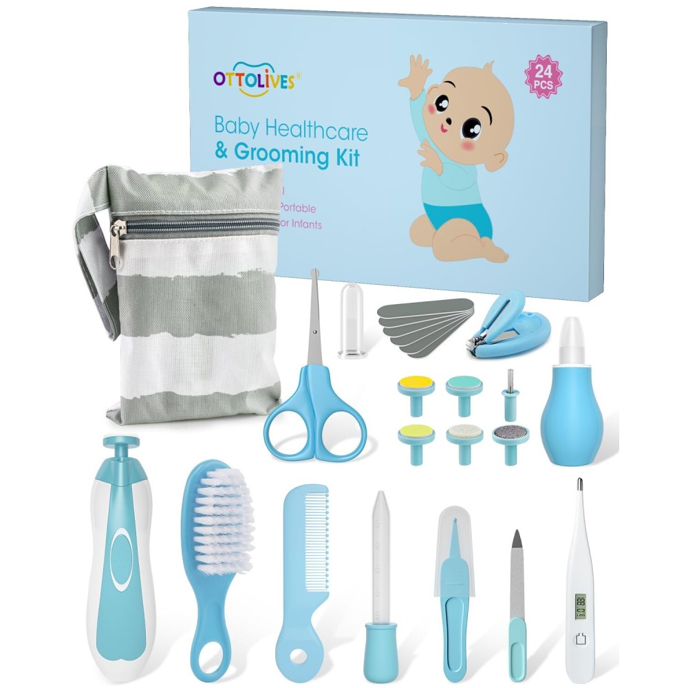 OTTOLIVES Baby Healthcare and Grooming Kit, 24 in 1 Baby Electric Nail Trimmer Set Newborn Nursery Health Care Set for Newborn Infant Toddlers Baby Boys Girls Kids Haircut Tools (0-3 Years+) (Blue)