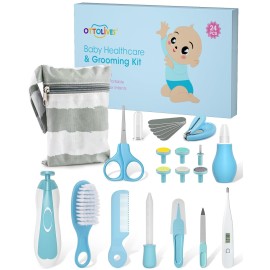 OTTOLIVES Baby Healthcare and Grooming Kit, 24 in 1 Baby Electric Nail Trimmer Set Newborn Nursery Health Care Set for Newborn Infant Toddlers Baby Boys Girls Kids Haircut Tools (0-3 Years+) (Blue)