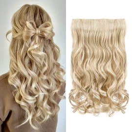 REECHO 20 1-Pack 3/4 Full Head Curly Wave Clips in on Synthetic Hair Extensions HE008 Hairpieces for Women 5 Clips 4.5 Oz per Piece - Medium Blonde with Pale Highlights