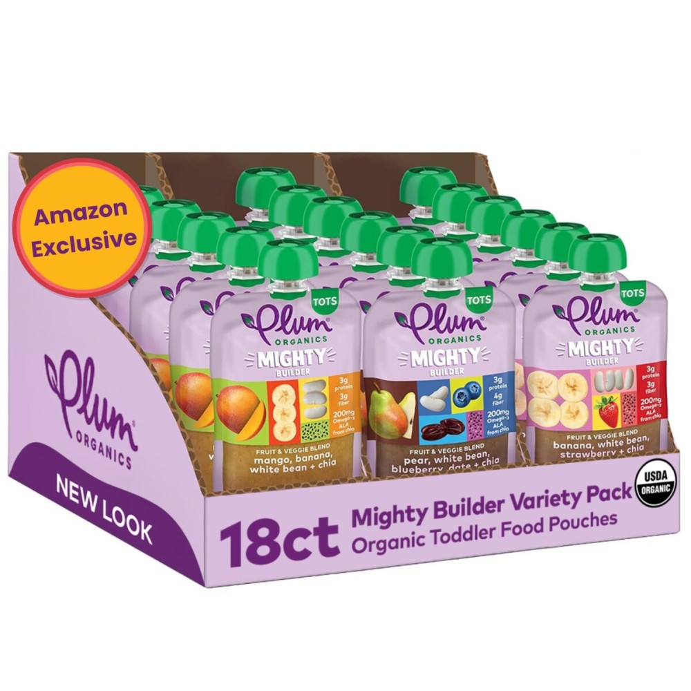 Plum Organics Variety Pack, 12+ Months - Toddlers Flavor Expedition - Mighty Builder Organic Fruit & Veggie Pouches - 4 oz Pouch, Pack of 18 (Amazon Exclusive)