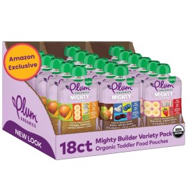 Plum Organics Variety Pack, 12+ Months - Toddlers Flavor Expedition - Mighty Builder Organic Fruit & Veggie Pouches - 4 oz Pouch, Pack of 18 (Amazon Exclusive)
