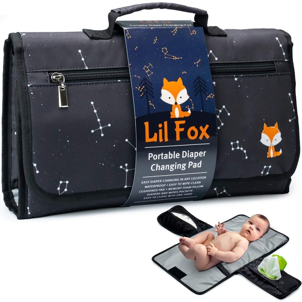 Lil Fox Portable Changing Pad - One-Hand Diaper Change Pad for Baby Diaper Bag or Changing Table. Unisex Baby Shower Gifts, Newborn Essentials